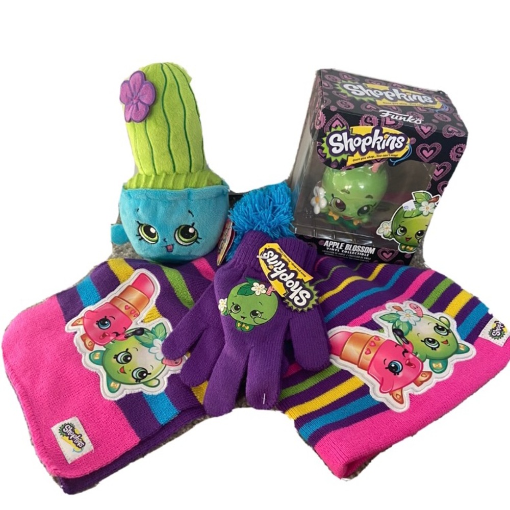 SHOPKINS 5 Pc. Winter Bundle - Hat/Scarf/Gloves, Apple FUNKO, Prickles Plush NEW